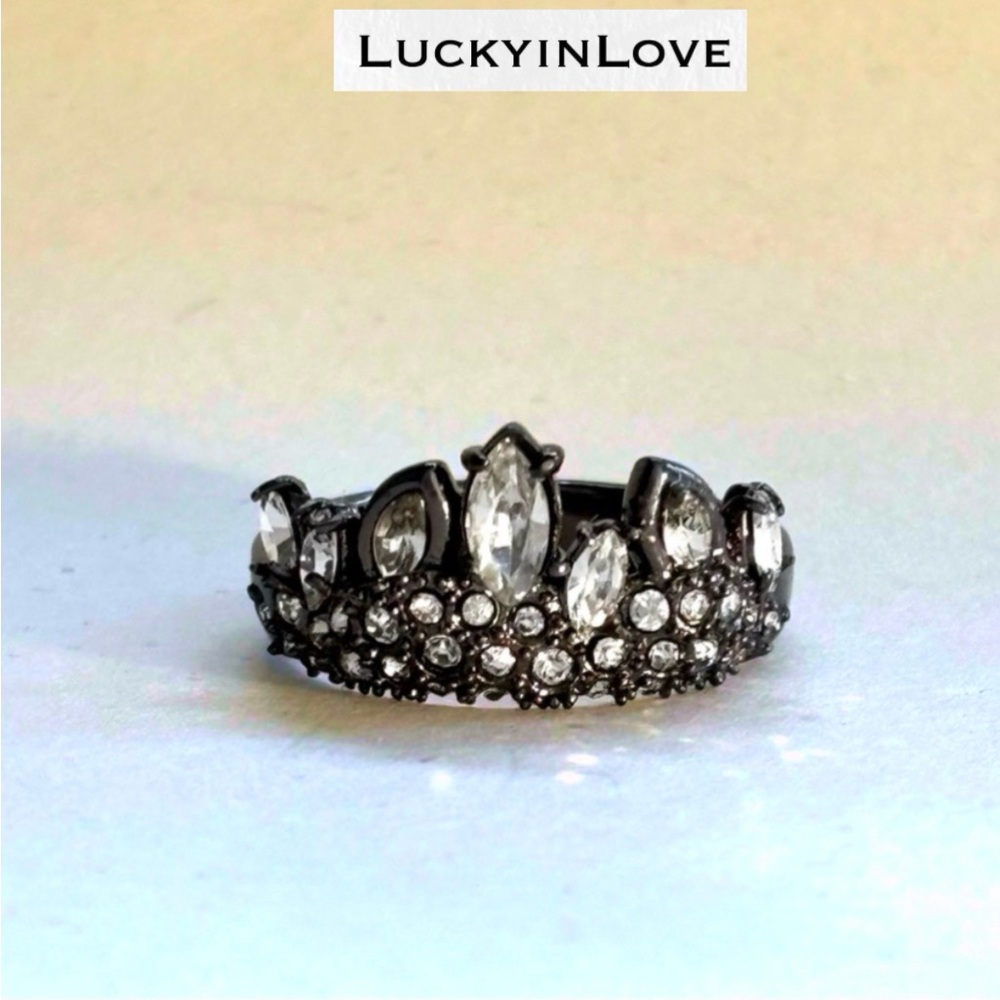 ALEXIS BITTAR • Miss Havisham Jagged Crystal Marquee Gunmetal Black Ring ~Sz 7